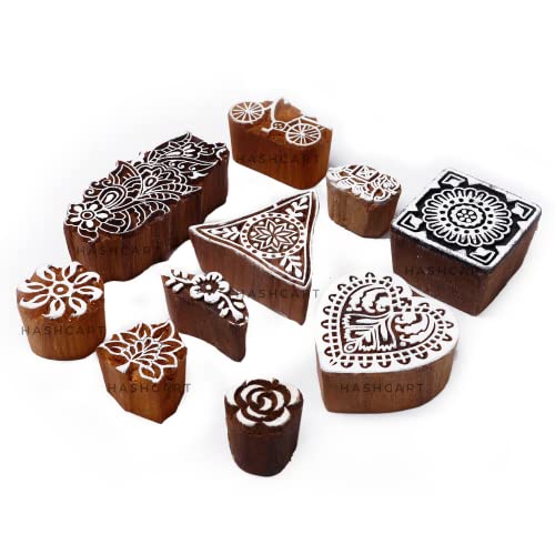 Image of Hashcart | Set of 10 | Wooden Floral Multi-Design Printing Stamps for Scrapbooking | Blocks for Project Making | Henna Mehndi | Fabric Textile | Art Craft | Pottery Craft