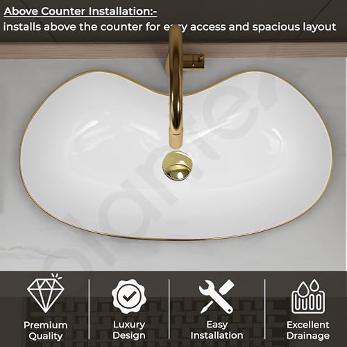 Image of Plantex Ceramic Wash Basin for Bathroom /Table Top Washbasin /Designer Countertop Basin for Bathroom /Restaurants /Hotel (White&Gold - 24.5 x 13 x 5.5 Inch)