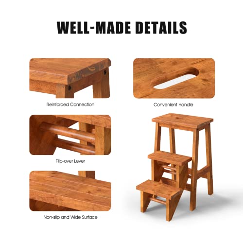 Costzon 3 Tier Folding Step Stool, 3-in-1 Wood Foot Stool Display Storage Shelf Flower Rack for Home, Kitchen, Library, Portable Non-Slip Step Ladder for Adults & Kids (Coffee)