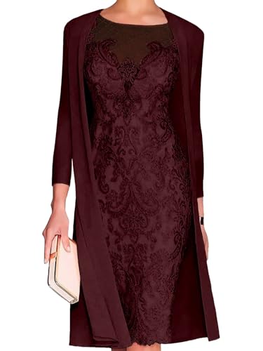 2 Piece Knee Length 3/4 Sleeve Chiffon Mother of The Bride Dresses with Jacket Lace Formal Wedding Guest Gowns