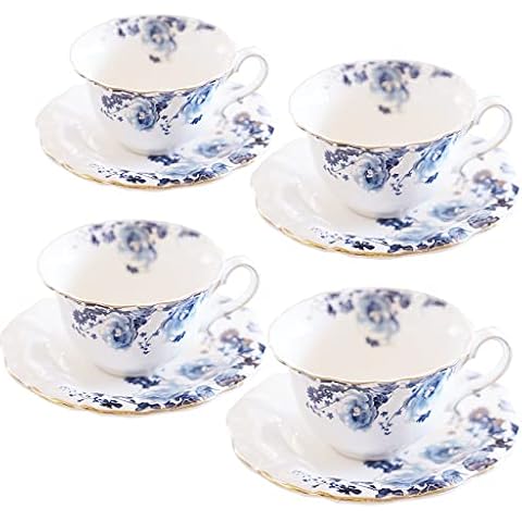 Jomop Ceramic Tea Cups Coffee Cup and Saucers Set of 4 (Blue and White) Cover