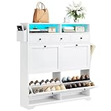 Dripex 4 Flip Drawers Shoe Cabinet, Shoe Cupboard with 3 Fabric Drawers & 2 Open Space, Shoe Storage Cabinet with Adjustable Shelf & Anti-Tipping Device, LED Shoe Storage Unit for Entryway and Hallway