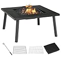 Outsunny 34" Fire Pit with Grill, Metal Outdoor Wood Burning Firepit with Spark Screen, Fire Poker, Cover, Table Lip, Black
