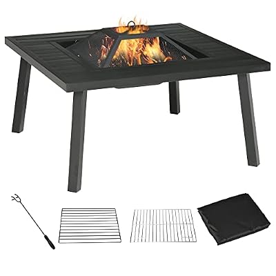 Outsunny 34" Fire Pit with Grill, Metal Outdoor Wood Burning Firepit with Spark Screen, Fire Poker, Cover, Table Lip, Black