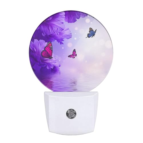 Image of EKOBLA Butterfly Floral Night Light, Bouquet of White and Purple Roses Night Lights Plug Into Wall with Dusk to Dawn Light Sensors, Warm Nightlights for for Girls Women