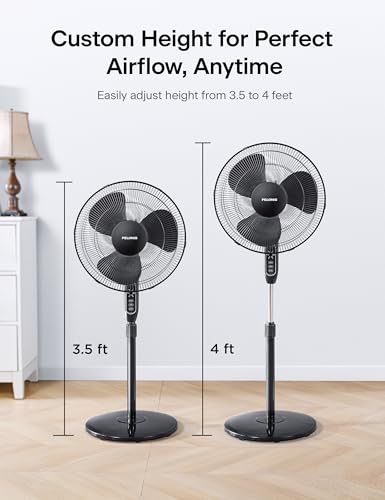 Image of PELONIS 16'' Pedestal Fan for Bedoom with Remote, Upgraded, Standing Fan with 7-Hour Timer, 90 Oscillation, 3-Speeds, Adjustable Height, Electric Cooling Fans for Living Room and Office