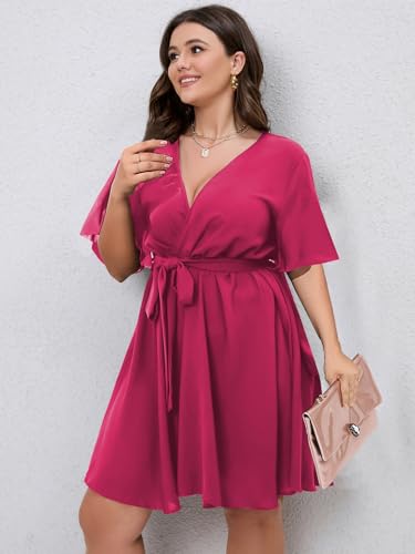 Image of SCOMCHIC Women's Plus Size Summer Dresses Short Sleeve Wrap V Neck A Line Skater Mini Short Dress XL-4XL