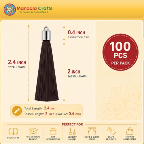 Image of Mandala Crafts Small Silver Tone Cap Dark Brown Bookmark Tassels with Loops | 100 PC, Machine Washable, Polyester, Mini, for Crafts Jewelry Making Graduation Decorations Keychains Gift Tags & Ornaments