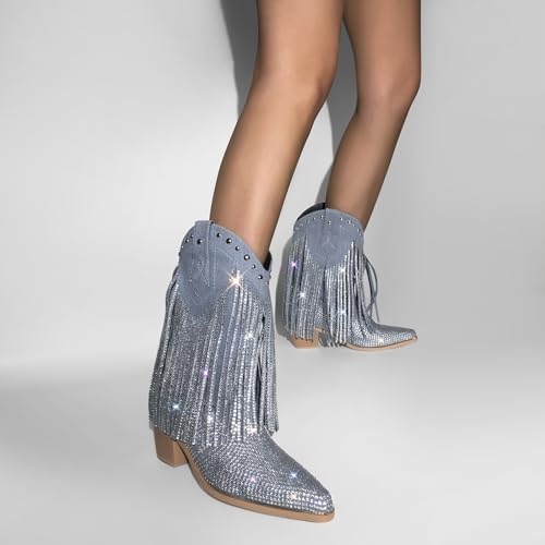sexytag Women's Sparkly Fringe Cowgirl Cowboy Boots for Women Wide Calf Tassal Western Mid-calf Boots4