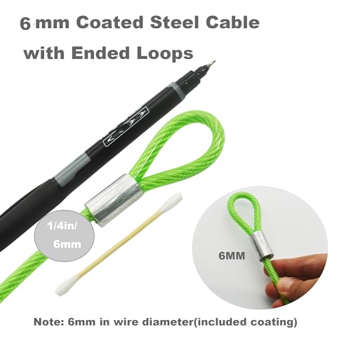 Bytiyar 5FT 6mm Stainless Security Cables Tether,Braided Steel Vinyl Coated Safety Strap Luggage Lock,Flexible Wire Lead Chain Leash with Double Loops,Green