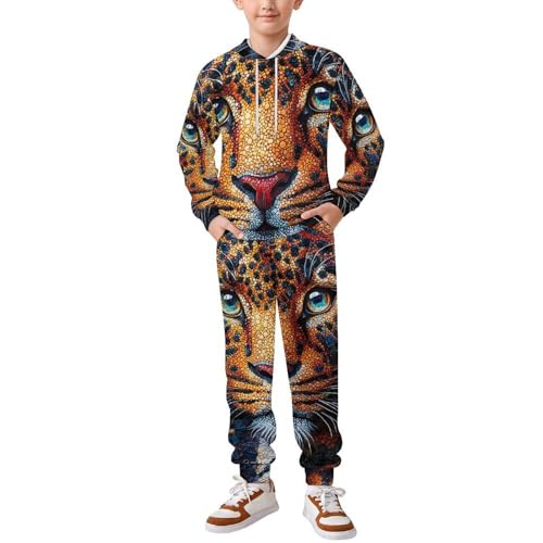 Boy's Girl's Hooded Tracksuit Pullover Sweatshirt Jogging Pants Sweatsuit, Leopard Patterns Art