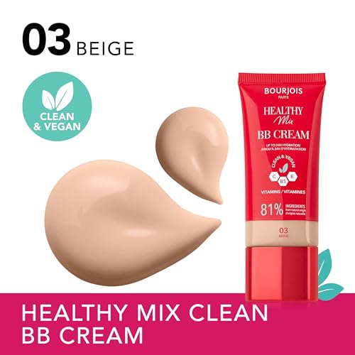 Bourjois Healthy Mix, 03 Beige, BB Crème, Fond de teint en crème, Couvrance et hydratation toute la journée, Vitamines C, E et B5, Formule clean et vegan, 30 ml