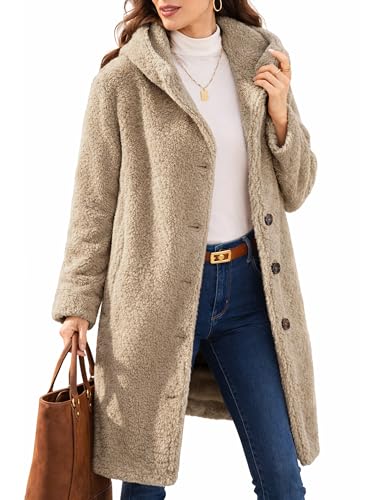 ELLEVEN Womens Winter Faux Fur Coats Hoodie Long Fleece Sherpa Warm Teddy Coat Jacket Outfits Khaki X-Small