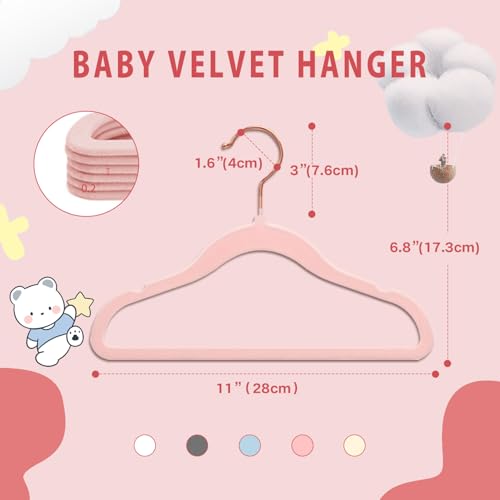 Wellong Baby Velvet Hangers, 52 Pack Kids Clothes Hangers with Non-Slip Shoulder Notches, Storage Organizer for Infant and Toddler Pink (Rose Gold Hook)