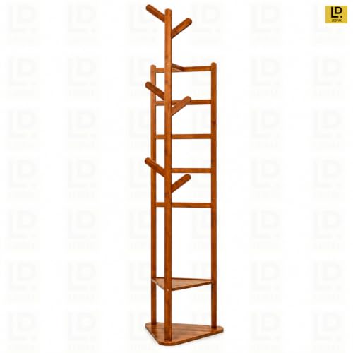 Image of LEOPAX Premium Bamboo Coat Hanger Stand with 2 Storage Shelves & 6 Hooks, Freestanding Clothes Rack for Coats, Scarves, Handbags & Accessories, Dark Brown, 36 x 36 x 168 cm