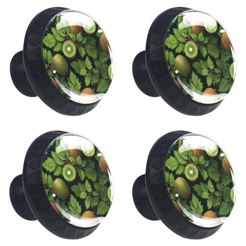 Paquete de 4 pomos redondos de cristal de 1.38 pulgadas, tiradores redondos de cristal con tornillos para cocina, baño, habitación de los niños (kiwi con hojas verdes y fondo verde)