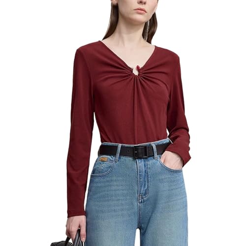 T-Shirt Col en V Printemps pour Femme Haut Basique Manches Longues