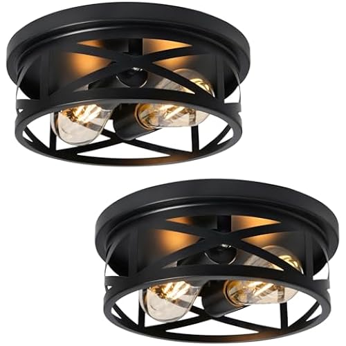 2-Light Flush Mount Ceiling Light Fixture, Farmhouse Ceiling Lights for Kitchen, Modern Black Close to Ceiling Light for Hallway Bedroom Balcony Porch Stairway, E26, (2 Pack)