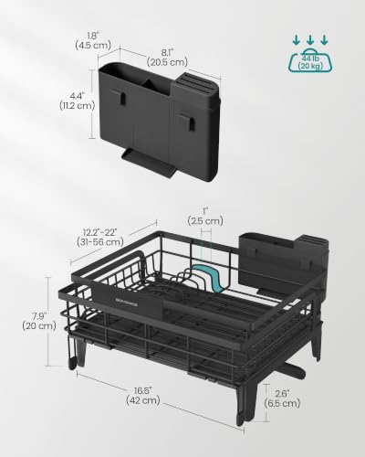 Image of SONGMICS Dish Drying Rack, Kitchen Dish Rack with Drainboard, 360 Rotatable and Extendable Spout, with Cutlery Holder, 23.9 x 16.8 x 8.9 Inches, Ink Black UKCS552B01
