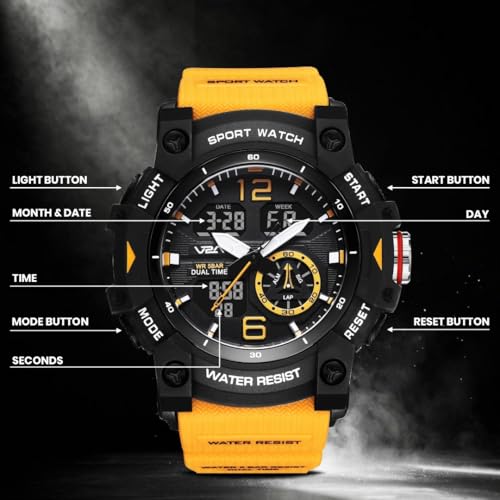 Image of V2A Stryke 50mm Analog Digital Watch for Men | Rugged Guard Bezel Design | Alarm Stopwatch Backlight | TPU Sport Strap | 50M Water Resistant Outdoor Watch | Gift for Mens