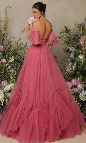 SoDigne Off Shoulder Long Prom Dresses Tulle Ruffle Sleeve Puffy Formal Evening Party Ball Gowns with Pockets3