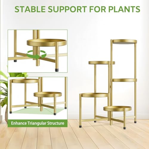 Image of iDavosic.ly 5 Tier Large Plant Stand Indoor, 10 Inch Wide Tall Corner Metal Plant Stands Outdoor for Multiple Plants, Folding Tiered Flower Display Holder Rack Shelf, Gold