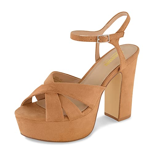 CUSHIONAIRE Women's Foxy platform dress sandal +Memory Foam and Wide Widths Available, Tan Micro Suede 8.5