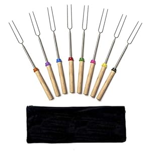 Ubrand Set van 8 BBQ Vorken Marshmallow Roosteren Stick, Telescopische Uitschuifbare Roterende Smores Kit Hot Dog Vorken Spiesjes