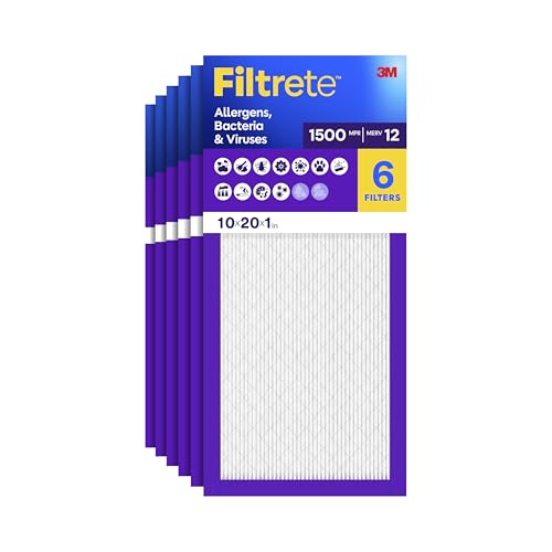 Image of Filtrete 10x20x1 Air Filter, MERV 12, MPR 1500, Allergens, Bacteria & Viruses, 3-Month AC and Furnace Filters, Cleaner Air, Reliable Airflow, 6 HVAC Filters (Actual Size 9.81 x 19.81 x 0.78 in)