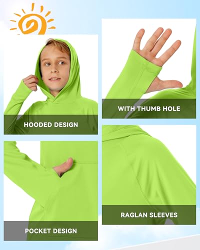 Image of Boys Rash Guard Long Sleeve Hoodie Swim Shirt with Pocket Youth Kids UPF 50+ Sun Protection Fishing Shirts Thumb Hole