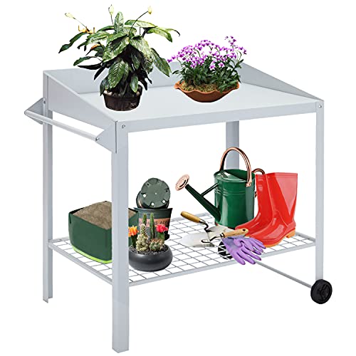 Outdoor Steel Potting Bench Work Table with 2 Removable Wheels