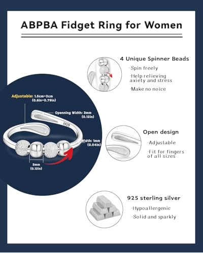 ABPBA Anxiety Rings for Women 925 Sterling Silver Fidget Ring Adjustable Open Fidget Rings for Anxiety Stress Relief Ring Gifts - Thumbnail 4