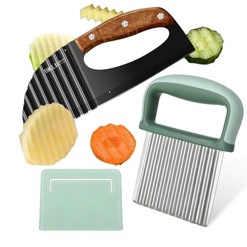 XoeLLe 2 Pièces Coupe Frite, Coupe Pomme De Terre, Decoupe Legumes en Acier Inoxydable, Résistant au Lave-vaisselle Antidérapant Coupes Ondulées Parfaites pour légumes, Fruits, Salade, Couteau Ondulé
