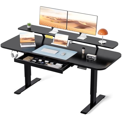 COMHOMA Electric Standing Desk with Drawers, 55 x 24 Inch Sit Stand up Desk with Monitor Stand, Laptop Stand, Height Adjustable Home Office Computer Desks with Memory Preset Controller (Black)