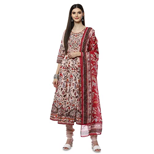 Image of Biba Cotton Women's Printed Fitted Salwar Kurta Dupatta(Skdkalamkar8356 Beige 34)