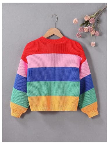 Floerns Girl's Rainbow Striped Button Down Cardigan Long Sleeve Drop Shoulder Sweater Knitwear2