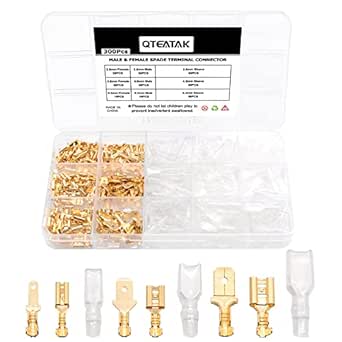 QTEATAK 2.8,4.8,6.3mm Golden Quick Splice Male and Female Wire Spade Crimp Terminal Connectors Assortment Kit with Insulating Sleeve(300Pcs)