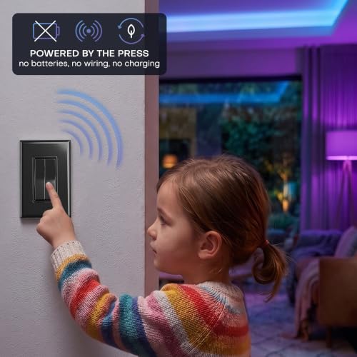 Image of RunLessWire Click for Hue Battery-Free Wireless Smart Switch 2 Pack Black | Dimmable Kinetic Switch Pairs Natively to Philips Hue Bridge, 4 Programmable Buttons to Control Scenes & Areas, 100ft Range