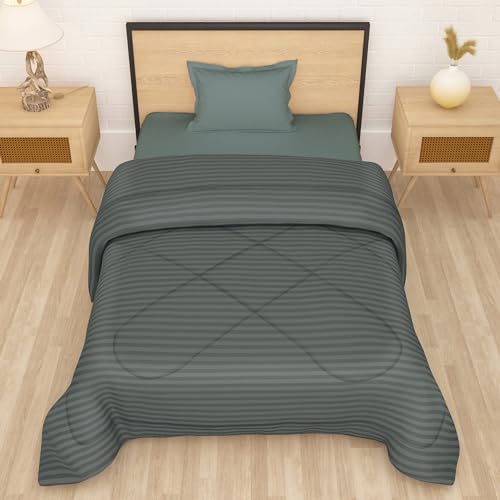 Image of Single Bed Comforter Blankets for Winter |Reversible Microfiber Comforter Single Bed | 180GSM 150x225 cm | Dark Grey & Stripes Pattern | AC Blanket Single Bed | Dohar | Quilt | Duvet