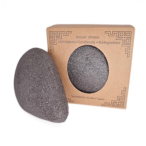 Leirinik Spugna detergente organica in 100% Konjac – 1 pezzo nero – Forma a goccia – esfoliante delicato per viso e corpo – per pelli grasse, secche, miste e sensibili