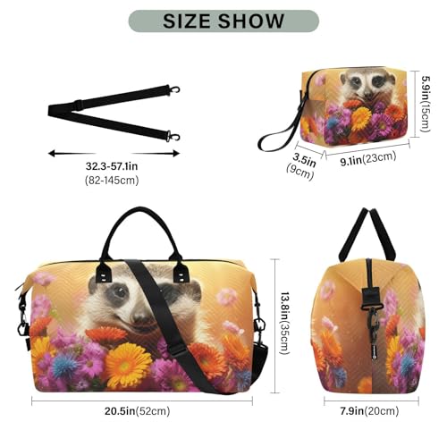 Large Travel Duffel Bag, Cute Meerkat with Bouquet Sports Tote Gym Bag, Shoulder Weekender Overnight Bag for Women Men, Carry On Luggage with Toiletry Bags3