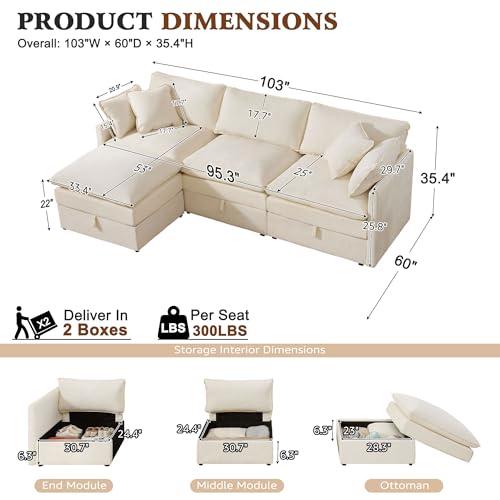 Image of Ihanherry 103 inch Modular Sectional Sofa with Storage, L Shaped Cloud Couch with Movable Ottomans & 4 Pillows, Chenille Deep Seat Sectional Couches for Living Room, Apartment (Beige)