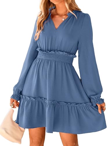 BerryGo Womens Long Sleeve Mini Dress Casual Ruffle Fashion V Neck High Waist A Line Flowy Boho Short Fall Dresses Blue M