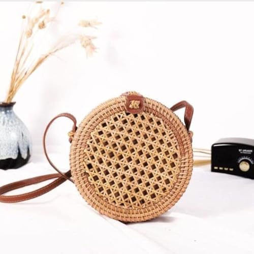 Handwoven Round Rattan Bag with Leather Strap – Boho Wicker Straw Crossbody Purse for Women, Gift for Beach & Holidays4