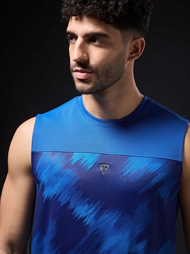Image of TECHNOSPORT Men Polyester Slim Fit Crew Neck Printed Sleeveless Vest with Anti-Microbial, Odour Free for Gym, Workout and Sports