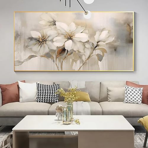 Peinture à l'huile sur toile fleurs blanches 100x200cm grand tableau mural