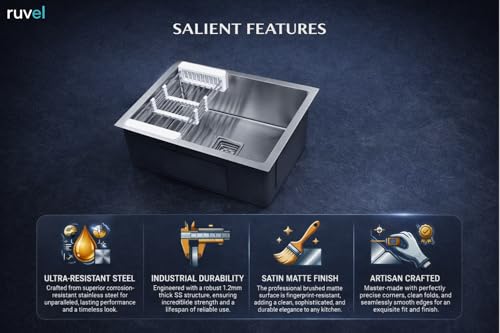 Image of RUVEL Kitchen Sink 24 inchx18 inchx9 inch | Premium Handmade 304 Grade Stainless Steel Single Bowl | Heavy Duty, Rust & Scratch Resistant | Includes Waste Coupling, Drain Rack & Hose Pipes | Silver - Matt Finish
