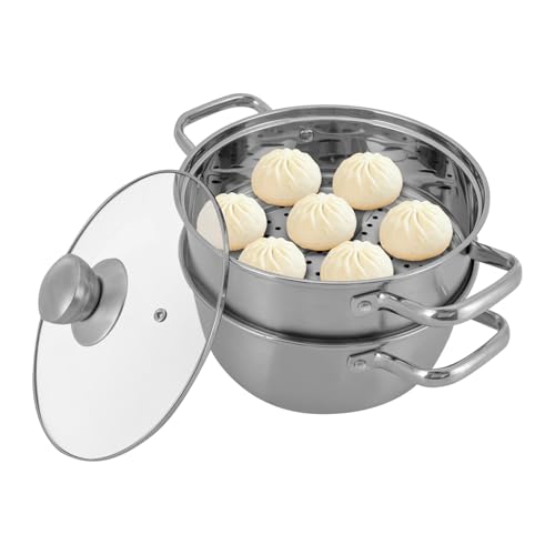 PUDLOR Vaporera de 2 capas de acero inoxidable con tapa visible, olla de vapor para cocinar, olla de vapor, mango de acero inoxidable, revestimiento antiadherente, capacidad de 1,2 L para pasta