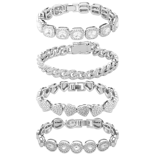 4 Pcs Silver Cuban Link Bracelet for Women Heart Charm Tennis Bracelets Fashion Jewelry Set for Party Daily Wear