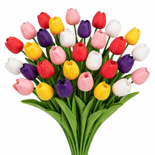 MACTING 30PCS Artificial Tulip Flowers 13.7" Fake Flowers Real Touch Faux PU Tulips Bouquet for Floral Arrangement Table Centerpieces Home Indoor Summer Mothers Day Decorations,Multi Colors-2